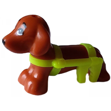 dark orange dog friends dachshund with molded neon yellow wheelchair harness and printed eyes and black nose pattern pickle