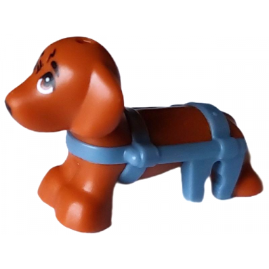 dog friends dachshund with molded sand blue wheelchair harness and printed eyes black nose and scratches pattern pickle