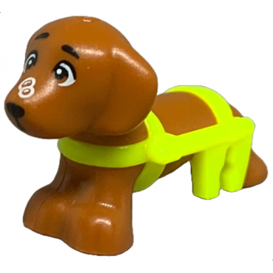 dog friends dachshund with molded neon yellow wheelchair harness and printed eyes black nose and white bubbles pattern pickle