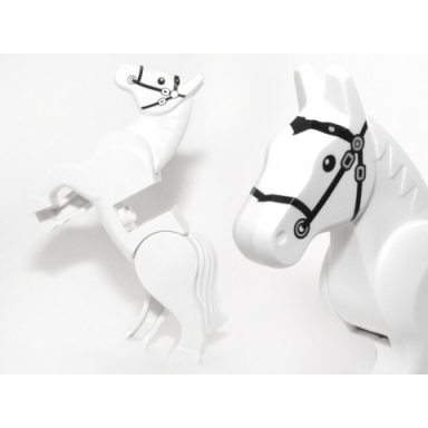horse movable legs with black eyes white pupils and black bridle pattern