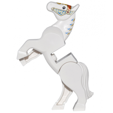 horse movable legs with black eyes white pupils and blue gold and red ornate bridle pattern