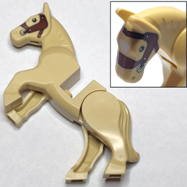 horse movable legs with black eyes white pupils reddish brown bridle and white blaze pattern