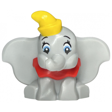 elephant big ears sitting with molded red collar and bottom tube and printed yellow hat medium blue and white eyes black eyebrows and eyelashes pattern dumbo