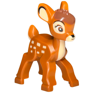 deer with molded tan front tail and muzzle and printed eyes ears camouflage spots white eyes black nose and mouth and reddish brown crest pattern bambi