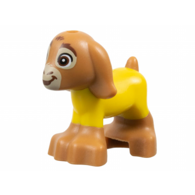 goat friends baby with molded yellow sweater and printed reddish brown eyes mouth eyebrows and nose and tan muzzle pattern wish valentino