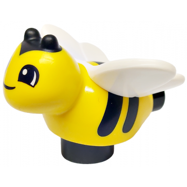 duplo bee with molded white wings black stripes tail and antenna and printed black eyes and mouth pattern