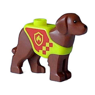 dog labrador rescue dog with molded neon yellow vest and printed red panel and squares with fire logo badge pattern