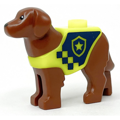 dog labrador rescue dog with molded neon yellow vest and printed dark blue panel and squares with police badge pattern