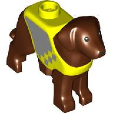 dog labrador rescue dog with molded neon yellow vest and printed silver panel and squares pattern