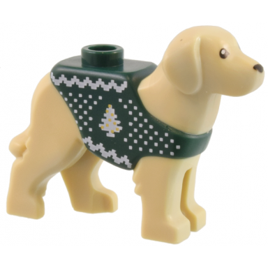 dog labrador rescue dog with molded dark green vest and printed white and gold knit fair isle holiday sweater pattern