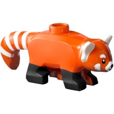 red panda with black legs eyes and nose and white ears muzzle and stripes pattern