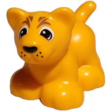 duplo cat large baby cub standing lion with black and white eyes nose and whisker dots medium brown stripes pattern