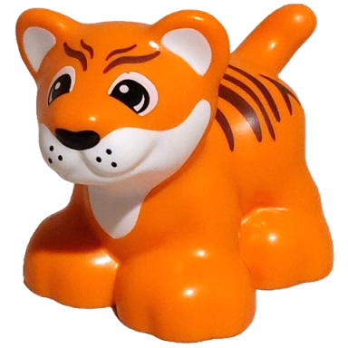 duplo cat large baby cub standing tiger with molded white muzzle and inner ears and printed black and white eyes nose and whisker dots reddish brown stripes pattern