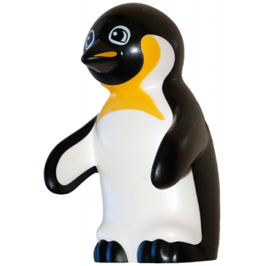 duplo penguin adult with molded white stomach and inside wings and printed yellow chest bright light orange beak ear pads and neck white eye contours pattern