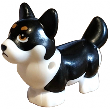 dog friends corgi with molded white lower body and face and printed black nose and mouth and medium nougat eyes and eyebrows pattern peaches