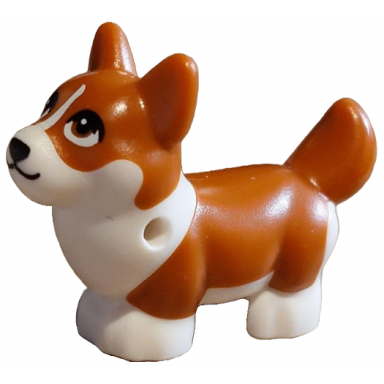 dog friends corgi with molded white lower body and face and printed black nose and mouth dark orange eyes and white blaze pattern waffles
