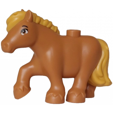 horse friends style pony with molded ochre yellow mane and tail and printed black eyebrow and eyelash white eye pattern cinnamon