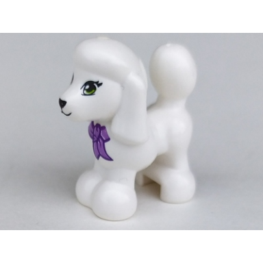 white dog friends poodle with lime eyes black nose and mouth and dark purple and medium lavender bow pattern