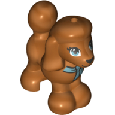 reddish copper dog friends poodle with black and metallic light blue bow eyes nose and mouth pattern