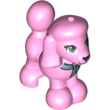 bright pink dog friends poodle with black and metallic light blue bow eyes nose and mouth pattern