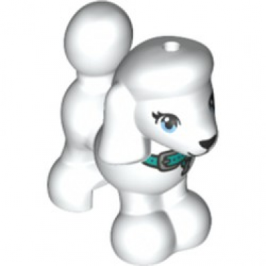 white dog friends poodle with bright light blue eyes black nose and mouth and dark turquoise collar with silver buckle and tag pattern
