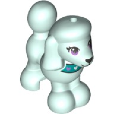 light aqua dog friends poodle with dark turquoise collar with hearts medium lavender eyes and black nose and mouth pattern