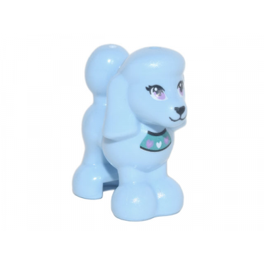 bright light blue dog friends poodle with dark turquoise collar with hearts medium lavender eyes and black nose and mouth pattern