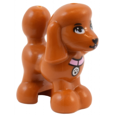 dark orange dog friends poodle with bright light blue eyes black nose and mouth and bright pink collar with silver tag pattern harley