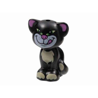 black cat friends elves sitting with dark pink ears nose and tongue white face green eyes and bright light yellow patches pattern lucifer