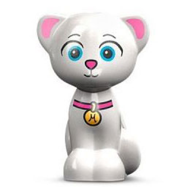 white cat friends elves sitting with medium azure eyes bright pink nose ears and collar gold tag with letter m pattern marcel