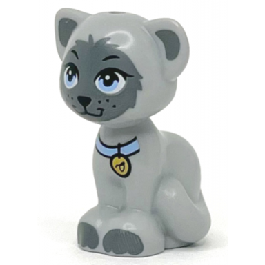 light bluish gray cat friends elves sitting with bright light blue eyes and collar with gold tag black nose dark bluish gray ears and patches pattern gertrude