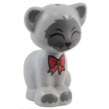 light bluish gray cat friends elves sitting with red bow black nose and closed eyes dark bluish gray ears and patches pattern gertrude