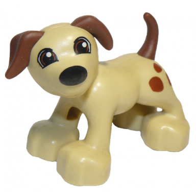 duplo dog with black nose and reddish brown eyes ears tail and spots pattern