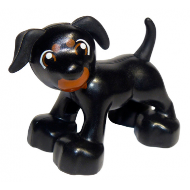 duplo dog with dark orange eyes spots and mouth pattern
