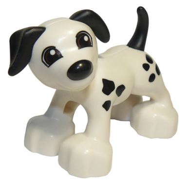 white duplo dog with reddish brown eyes and black ears nose tail and spots pattern
