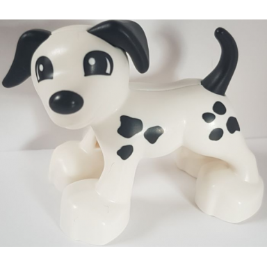 duplo dog with black eyes ears nose tail and spots pattern