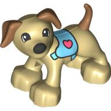 duplo dog with black eyes and nose medium nougat ears and tail medium azure harness with coral hearts pattern