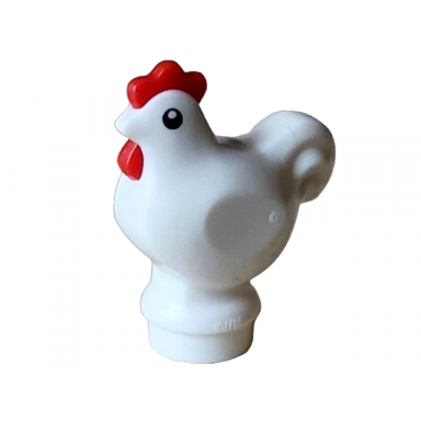 white chicken wide base with molded red comb and wattle and printed black eyes with pupils pattern