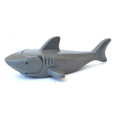 dark bluish gray shark with rounded nose and debossed gills and eyes