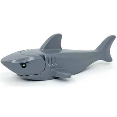 dark bluish gray shark with rounded nose and debossed gills with black eyes and white partial circle pupils pattern