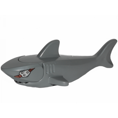 shark with rounded nose and debossed gills with metal plate and band on left black eye with white pupil on right pattern