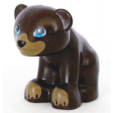 dark brown bear friends elves baby cub sitting with black nose dark azure eyes and dark tan paws and muzzle pattern