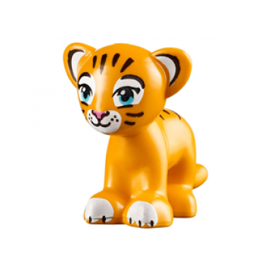 bright light orange lion tiger friends elves baby cub with medium azure eyes dark pink nose and dark brown stripes pattern rajah