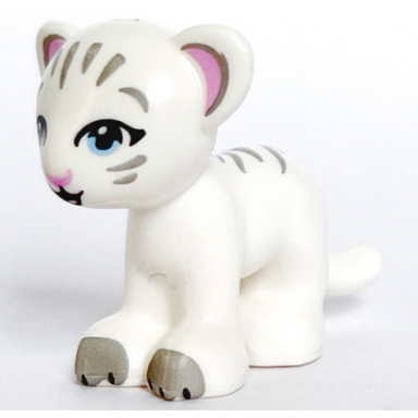 white lion tiger friends elves baby cub with bright light blue eyes bright pink nose light bluish gray paws and stripes pattern