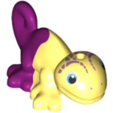 bright light yellow chameleon friends elves with black medium azure and white eyes metallic pink head markings and marbled magenta pattern