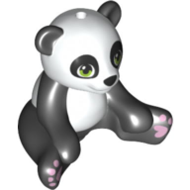 black panda friends sitting with molded white head and stomach and printed lime eyes and lavender paws pattern