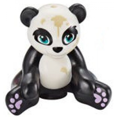 black panda friends sitting with molded white head and stomach and printed dark turquoise eyes lavender paws and tan splotches pattern