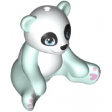 light aqua panda friends sitting with molded white head and stomach and printed bright light blue eyes and lavender paws pattern