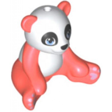 coral panda friends sitting with molded white head and stomach and printed bright light blue eyes and lavender paws pattern