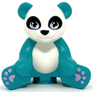 dark turquoise panda friends sitting with molded white head and stomach and printed bright light blue eyes and lavender paws pattern